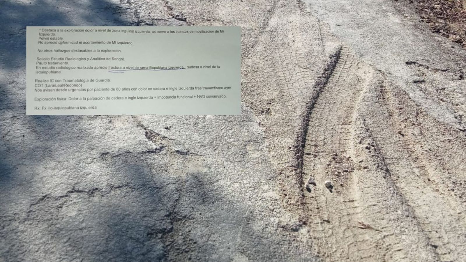 Lugar en el que cayó la vecina en La Cerradura junto al parte médico.