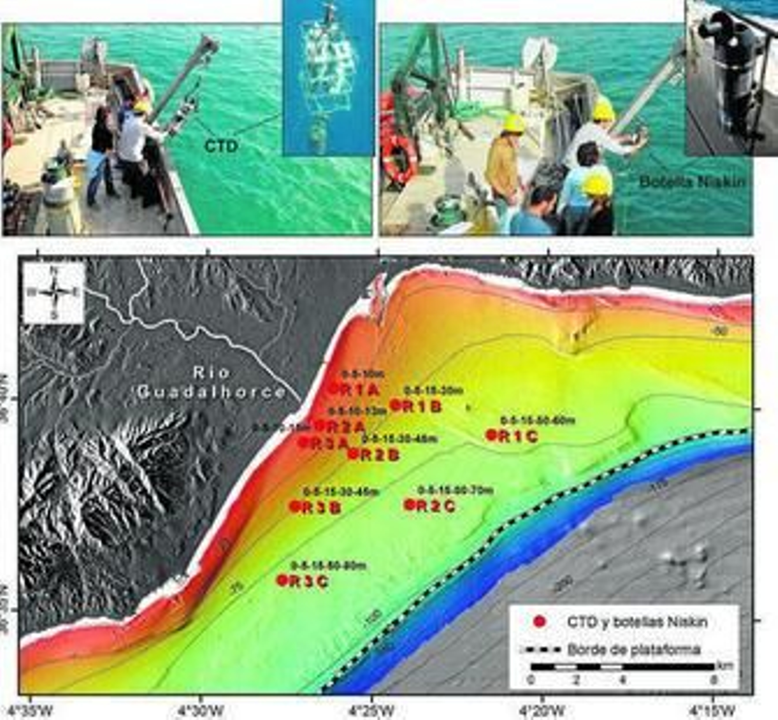 Momento de la recogida de muestras y mapa de la cuenca objeto de estudio.