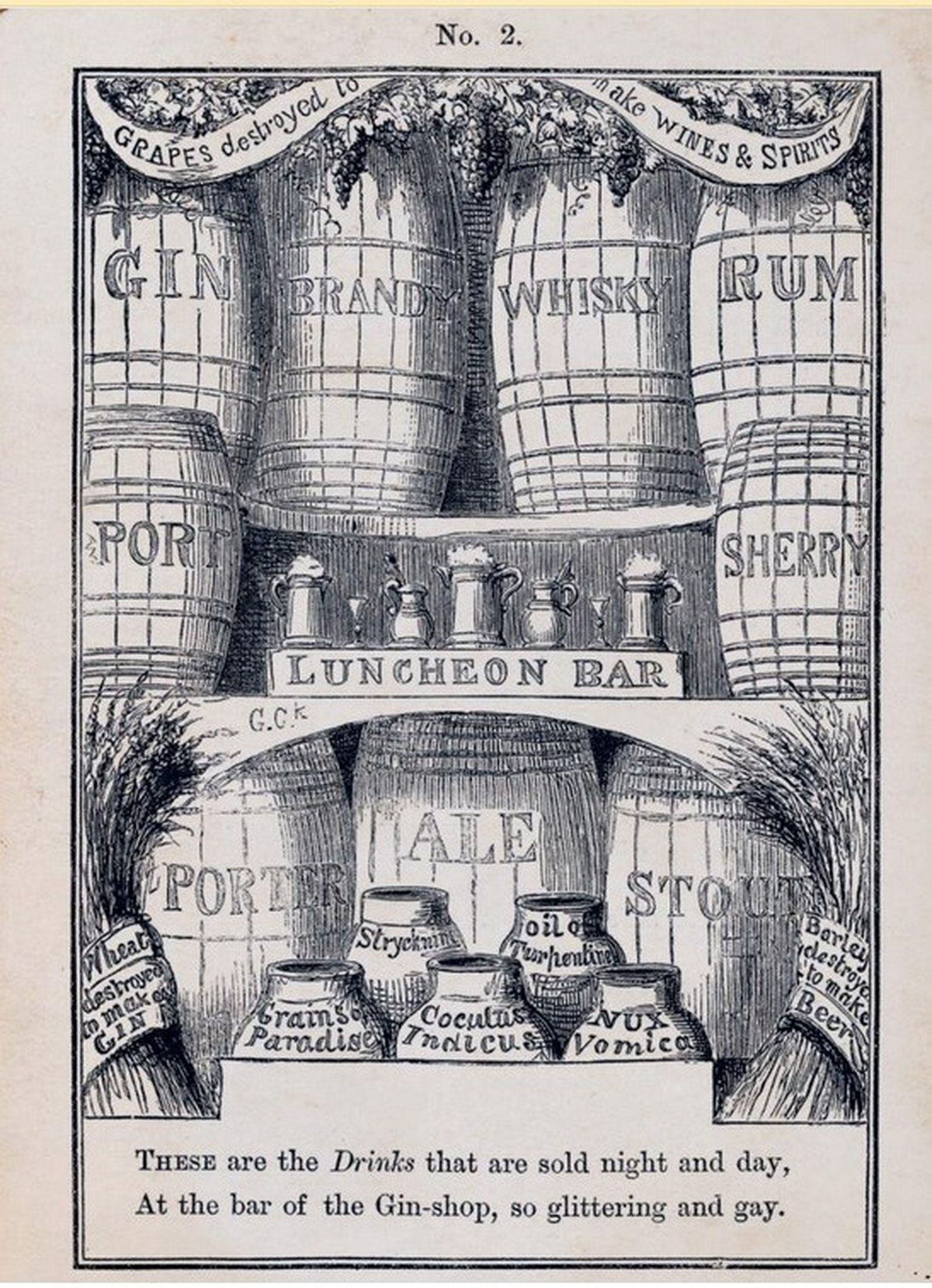 Dibujo de Cruikshank con una bota de sherry, 1868.