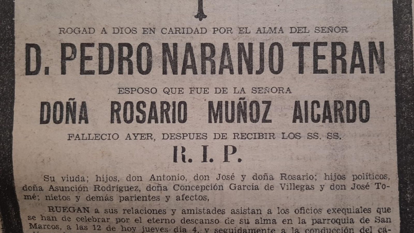Esquela de Pedro Naranjo Terán, 4 enero de 1968.