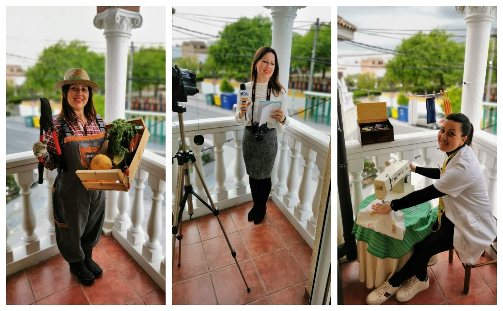 Chiqui, disfrazada de hortelana, periodista y costurera.