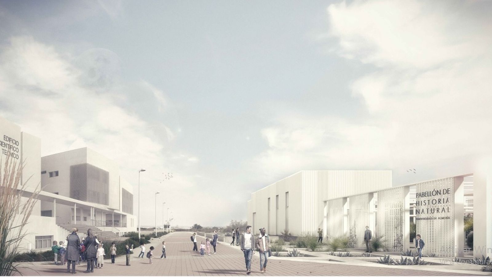 Vista general de la integración del nuevo pabellón en el campus universitario