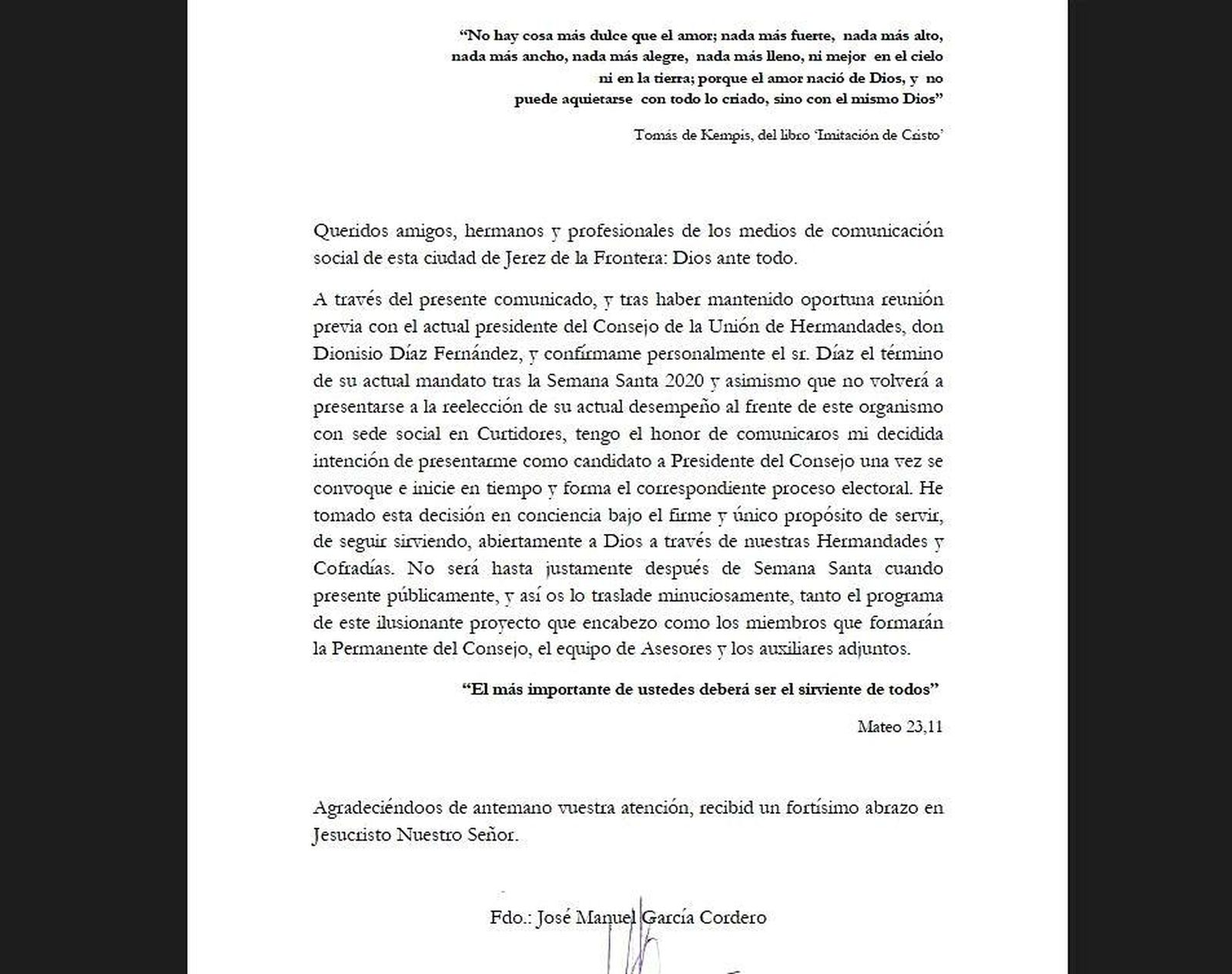 José Manuel García Cordero presenta su candidatura a presidente de la Unión de Hermandades