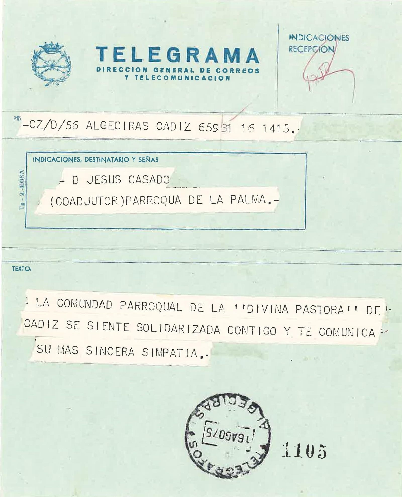 Un telegrama de apoyo de la comunidad parroquial a Jesús Casado.