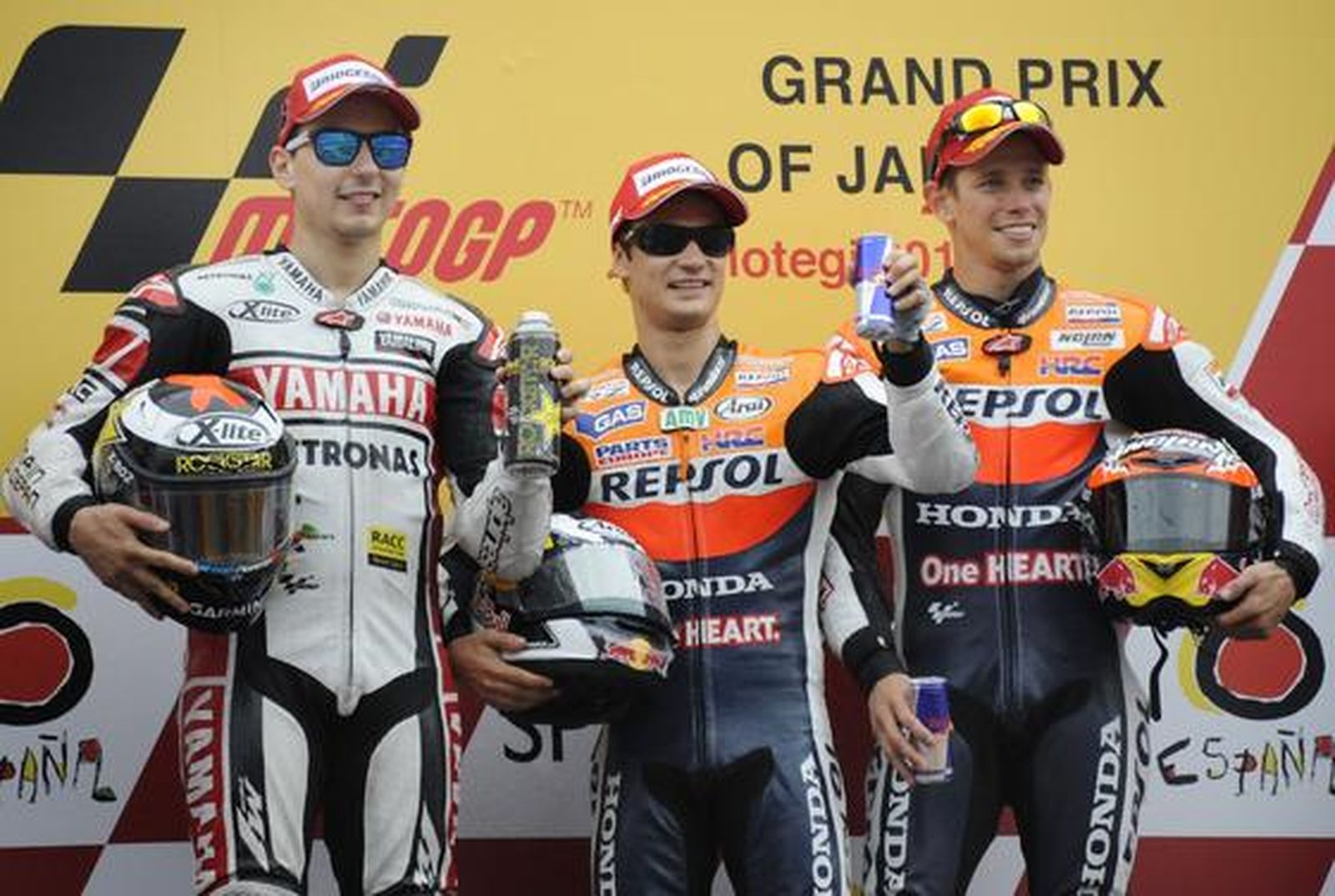 Podio de MotoGP: Pedrosa, Lorenzo y Stoner.

Foto: AFP