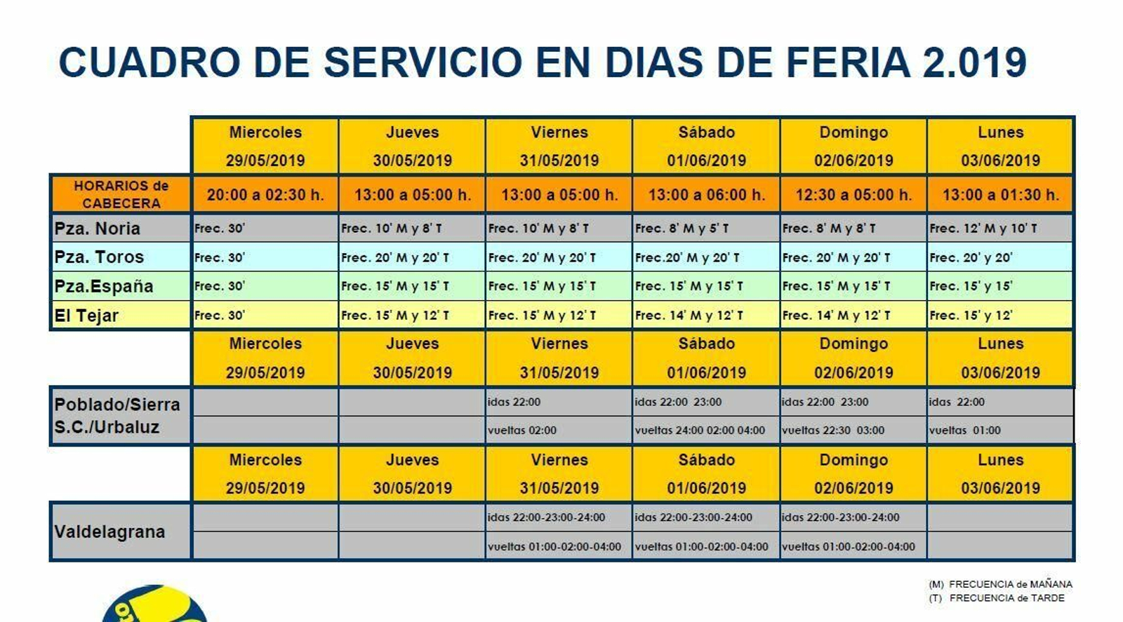 Cuadro con los horarios de los autobuees municipales para la Feria.