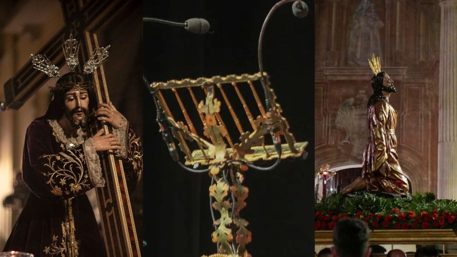 Vía Crucis de Jesús Nazareno de las Penas (izqda.), Atril del Pregón Oficial de la Semana Santa de Granada (centro) y Vía Crucis de la Juventud del Señor de la Oración en el Huerto de los Olivos (dcha.)