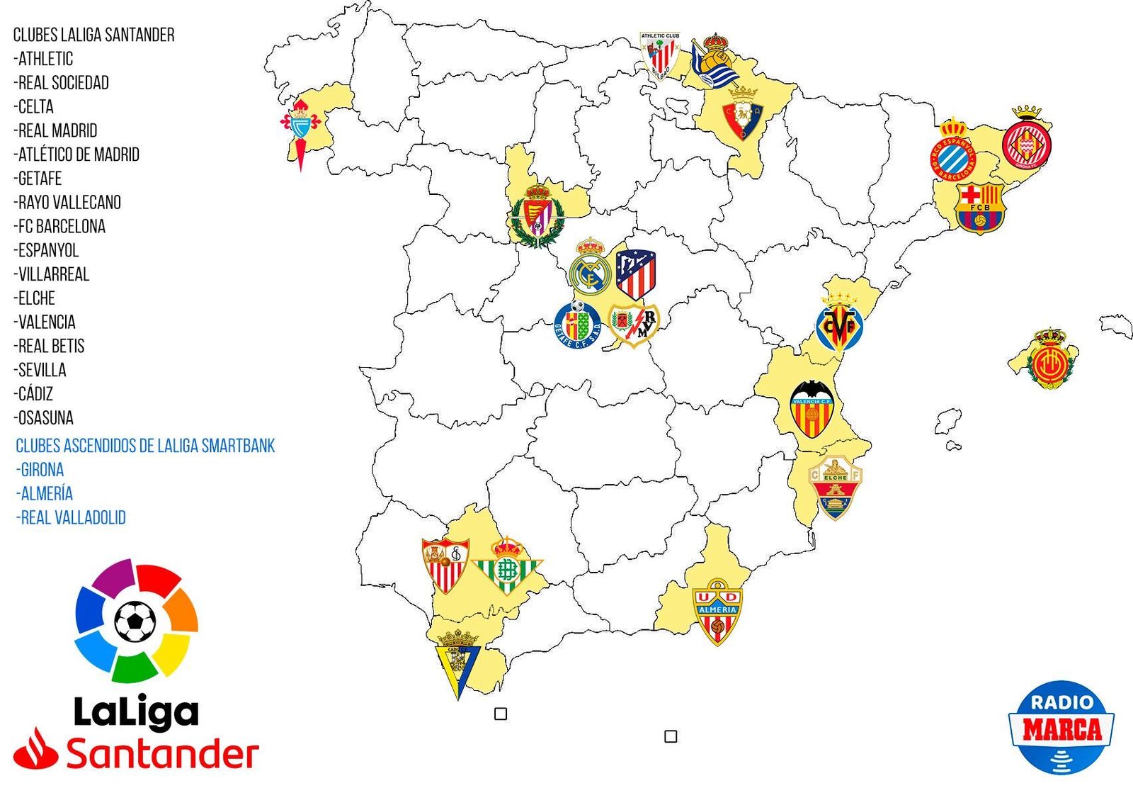 Mapa de los equipos de Primera en la campaña 2022-2023