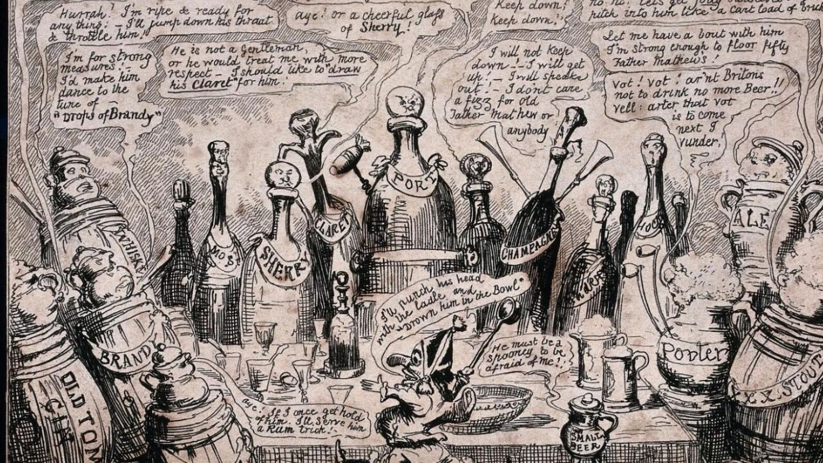 Grabado satírico del artista George Cruikshank, 1845.
