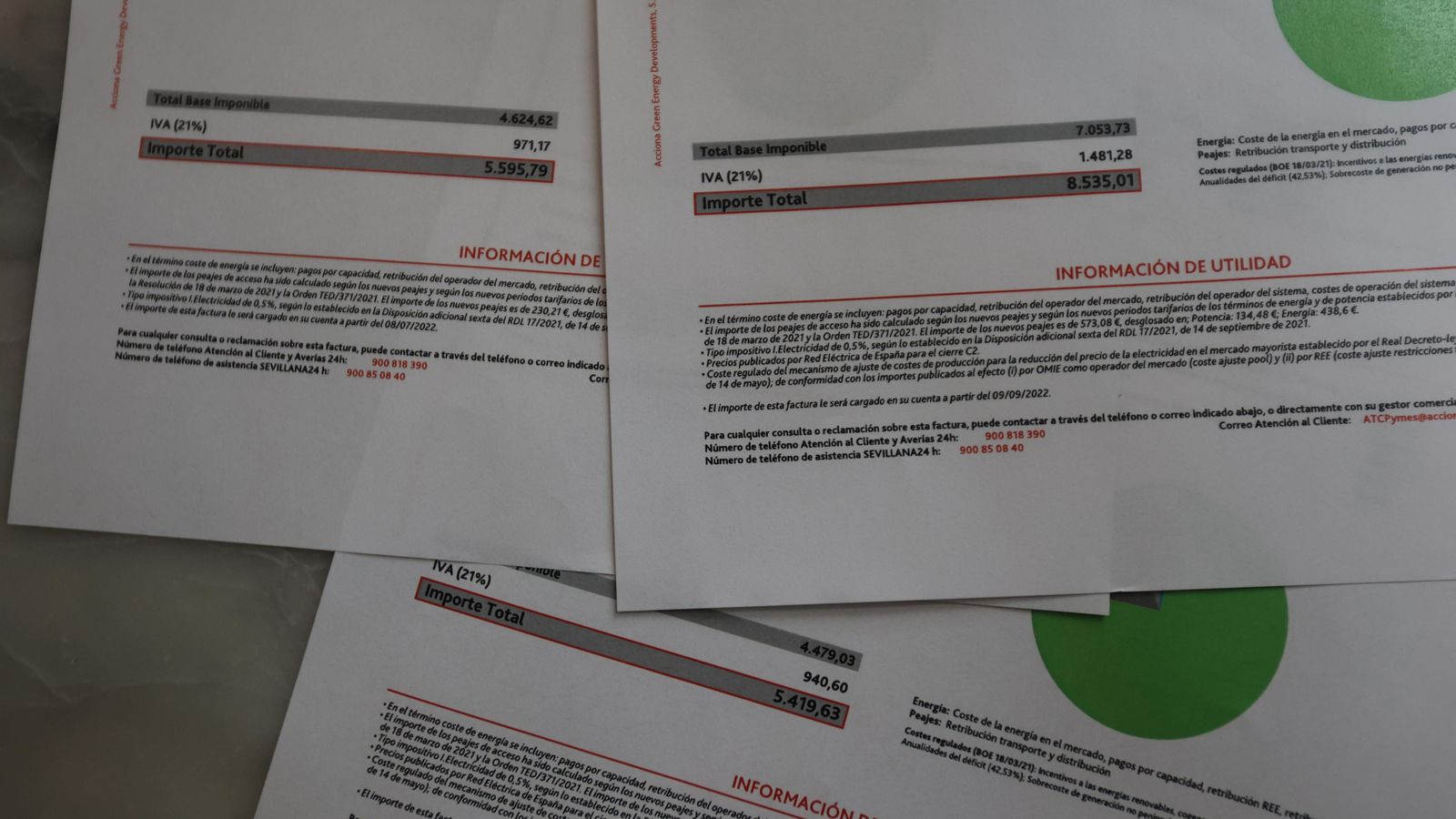 Las tres últimas facturas de la luz del Mesón Pino Montano.