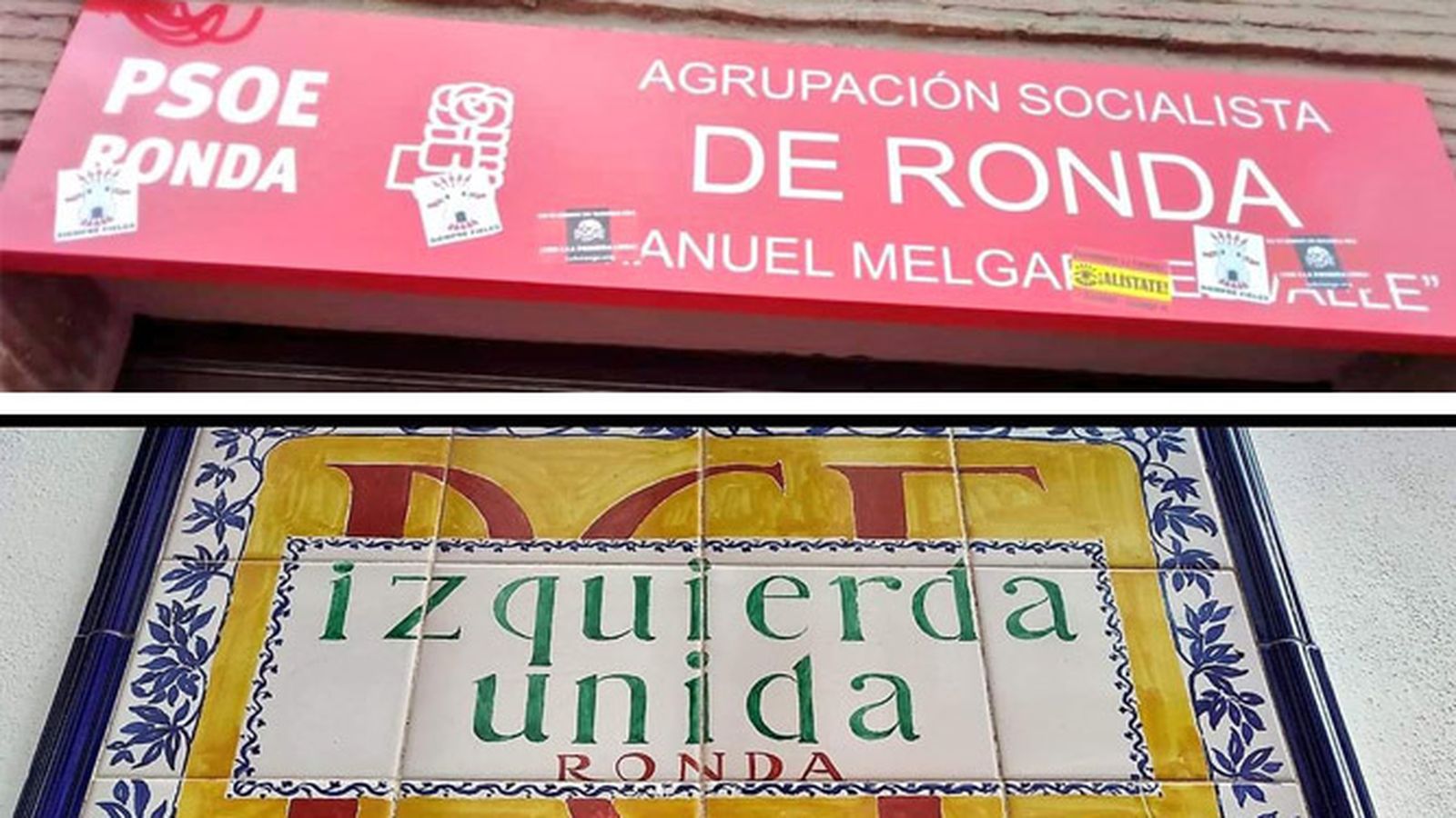 Pegatinas de Falange en las sedes de PSOE e IU en Ronda.