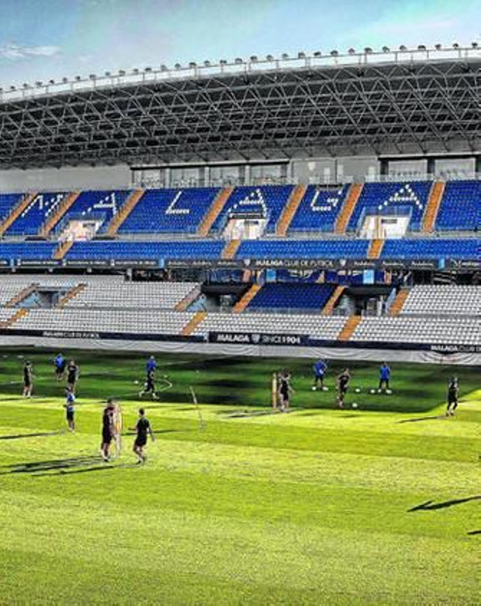 Los jugadores del Málaga trabajan ayer sobre el césped de La Rosaleda.