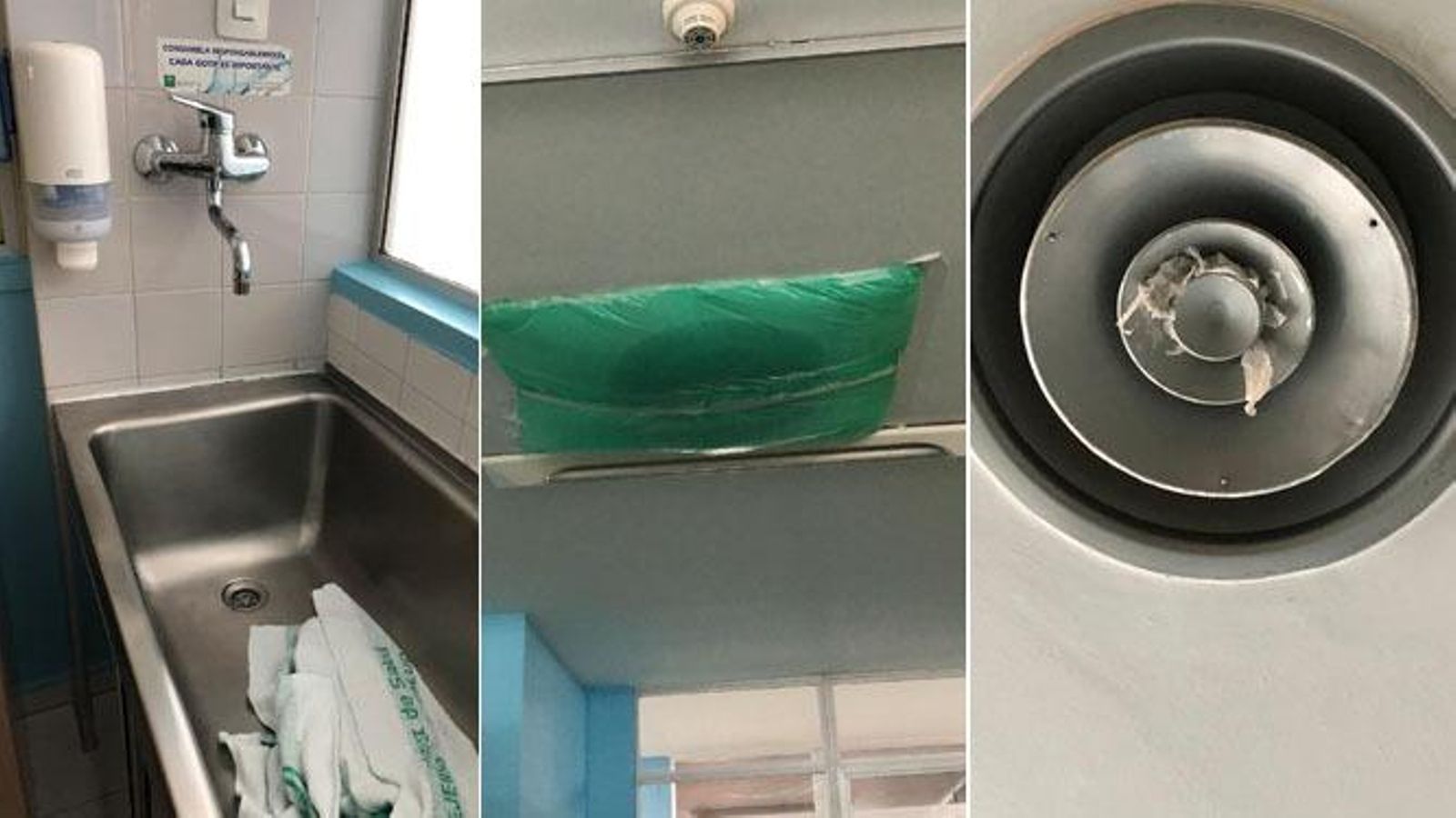 Montaje de varias fotos sobre el estado de las 'pilas' y las salidas de los conductos de la calefacción en las habitaciones.