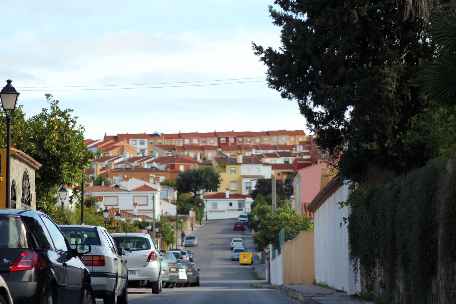 Una de las calles del casco urbano de Los Barrios, con la barriada de Santa Mónica al fondo.