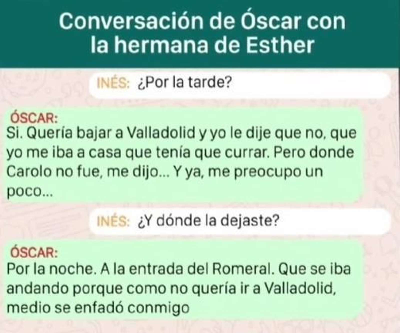 Mensajes entre Óscar y la hermana de Esther después de su desaparición