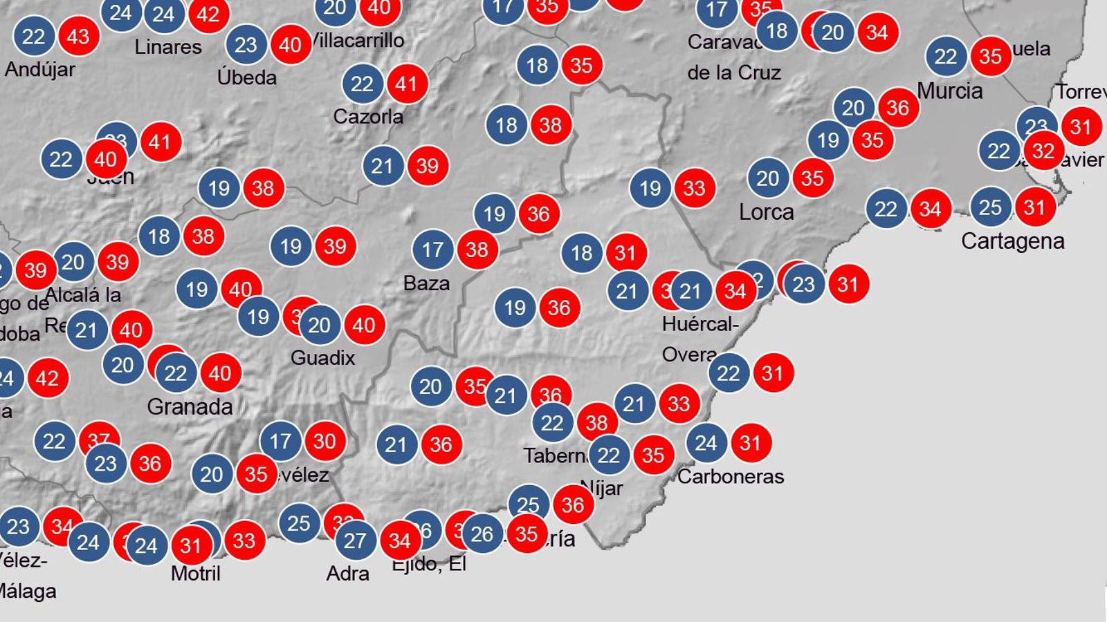 Temperaturas máximas previstas en Almería el lunes 4 de agosto. Temperaturas máximas previstas en Almería el lunes 4 de agosto.