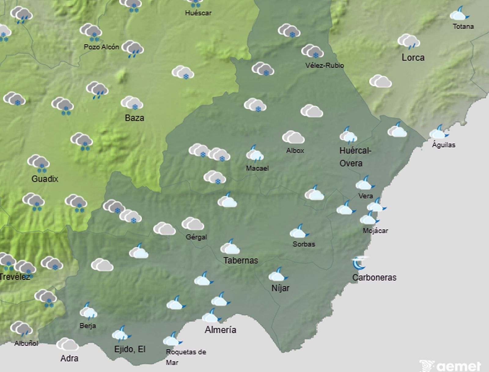 Previsión de nevadas en Almería para el sábado 24 de enero.