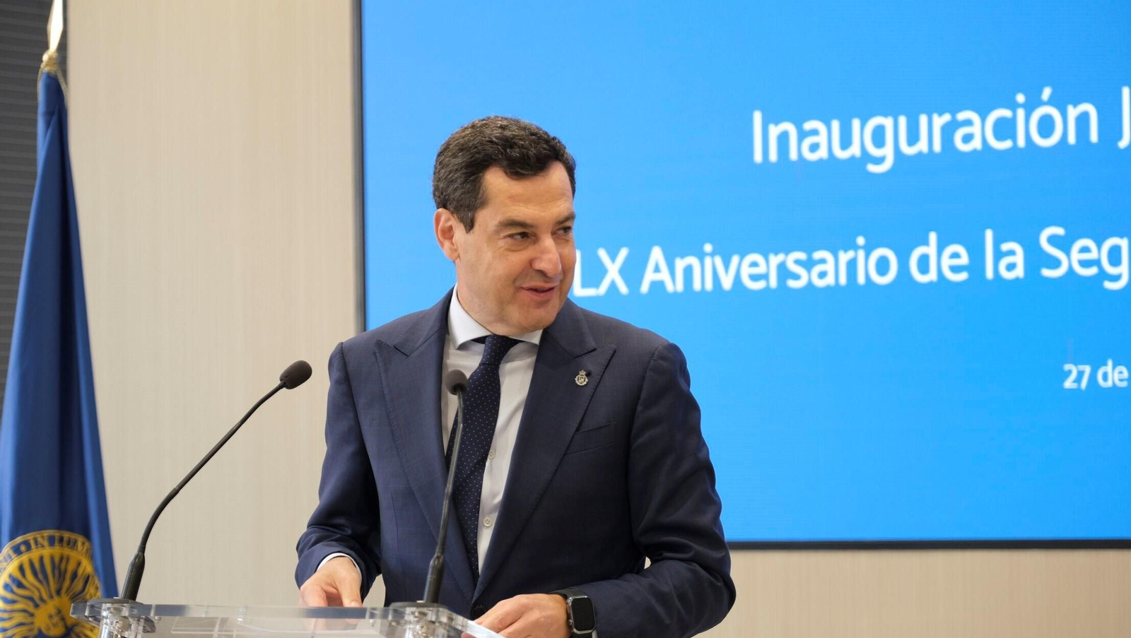 El presidente de la Junta, Juanma Moreno, este lunes en Almería.