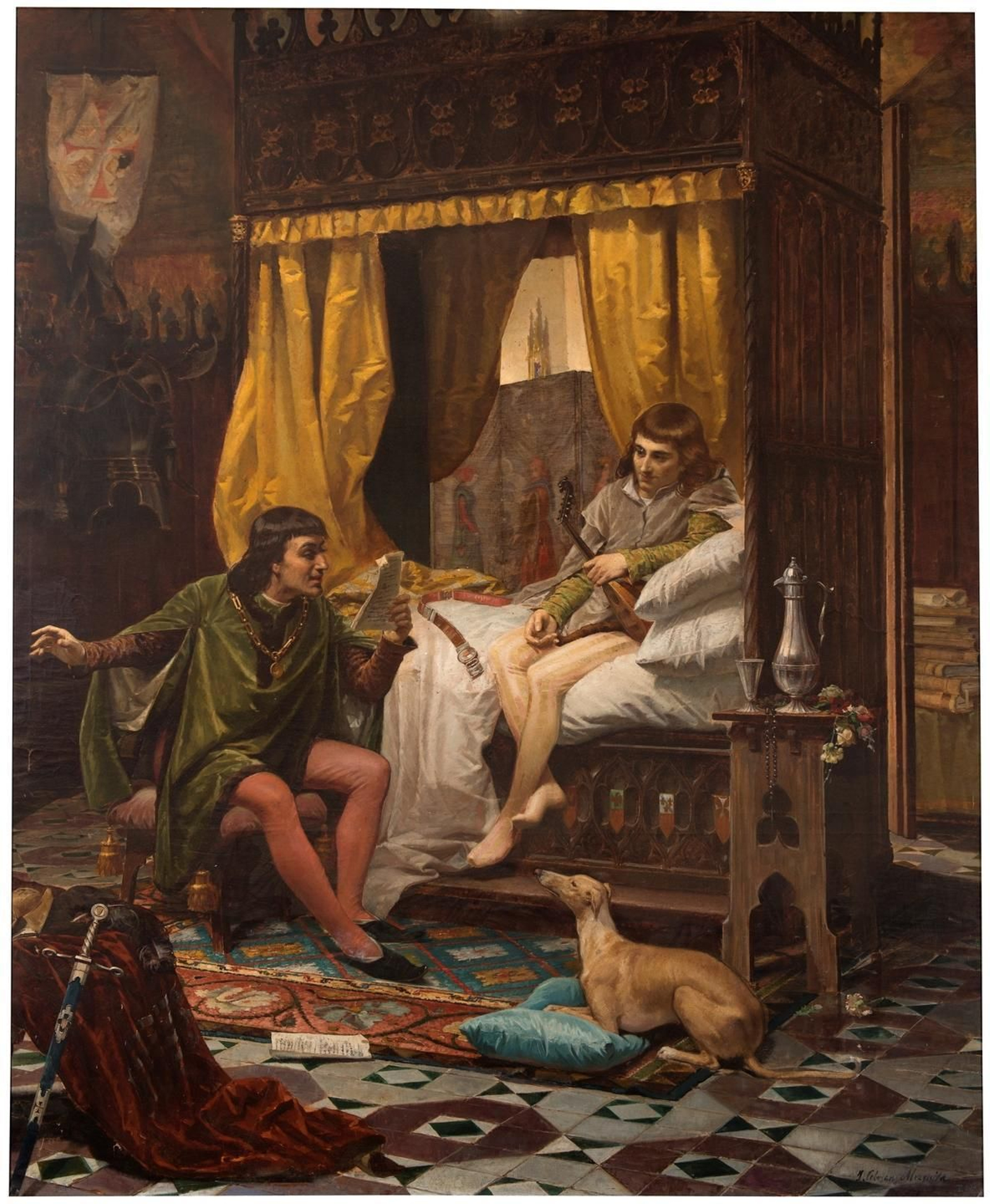 'Ausias March leyendo sus trovas al Príncipe de Viana', óleo de Julio de Cebrián y Mezquita fechado en 1884.