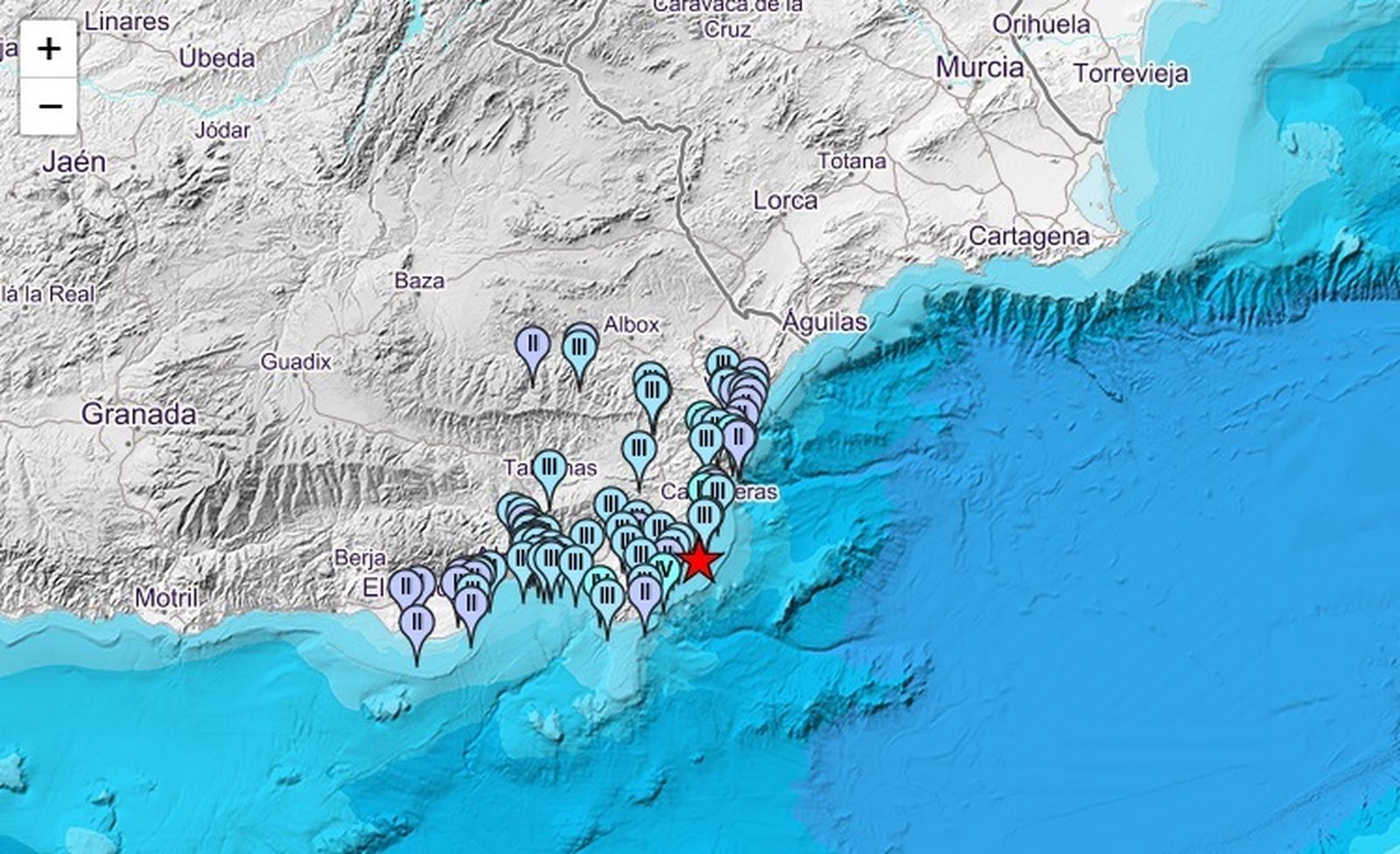 Mapa de intensidades del terremoto de Carboneras.