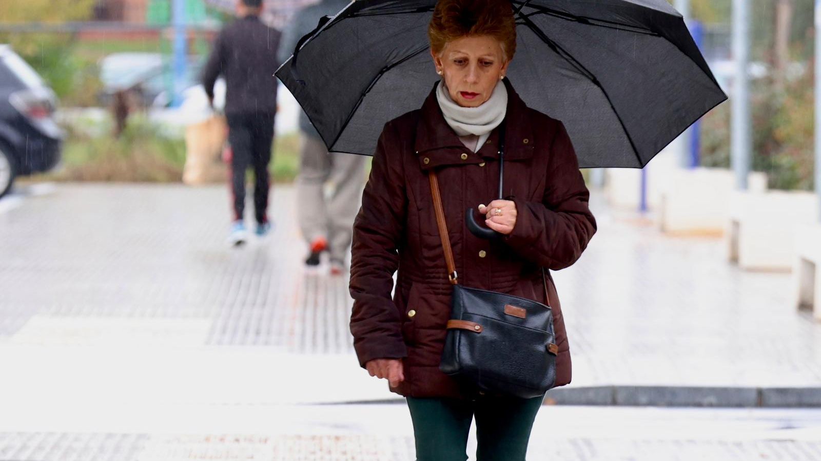 Una señora se refugia de la lluvia con un paraguas.