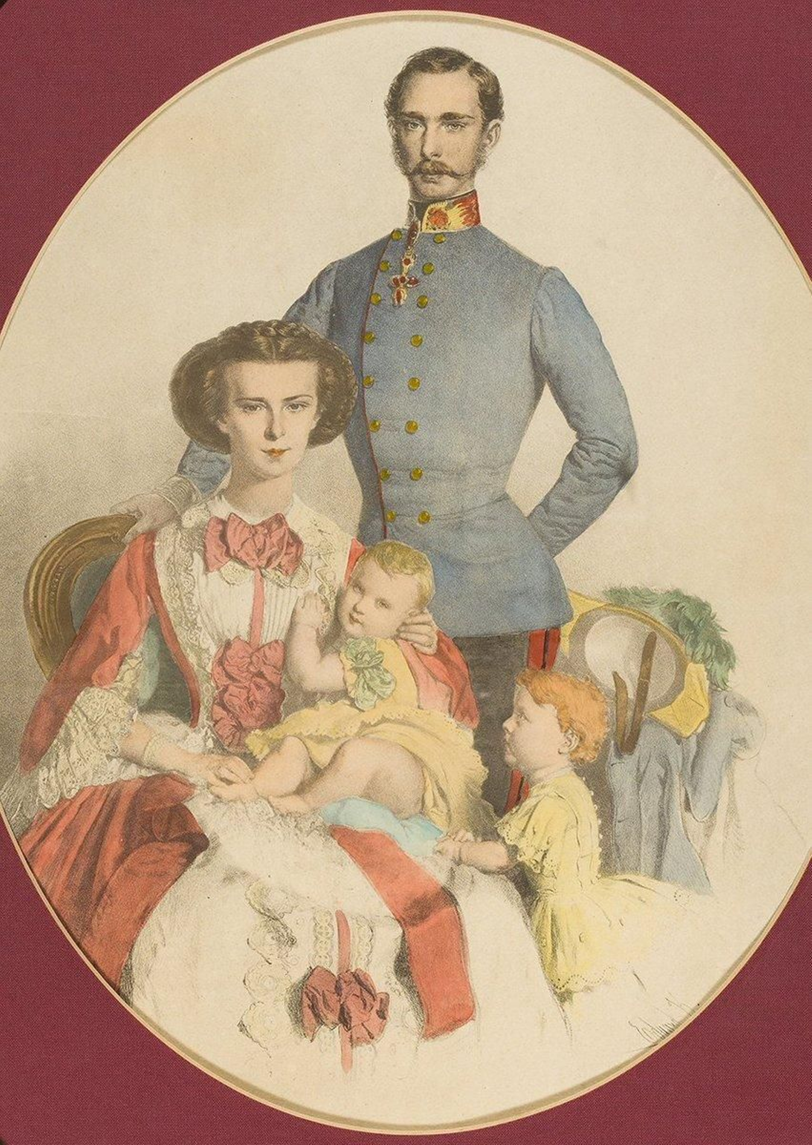 Grabado del emperador Francisco José con su esposa Isabel y su segundo y tercer hijo