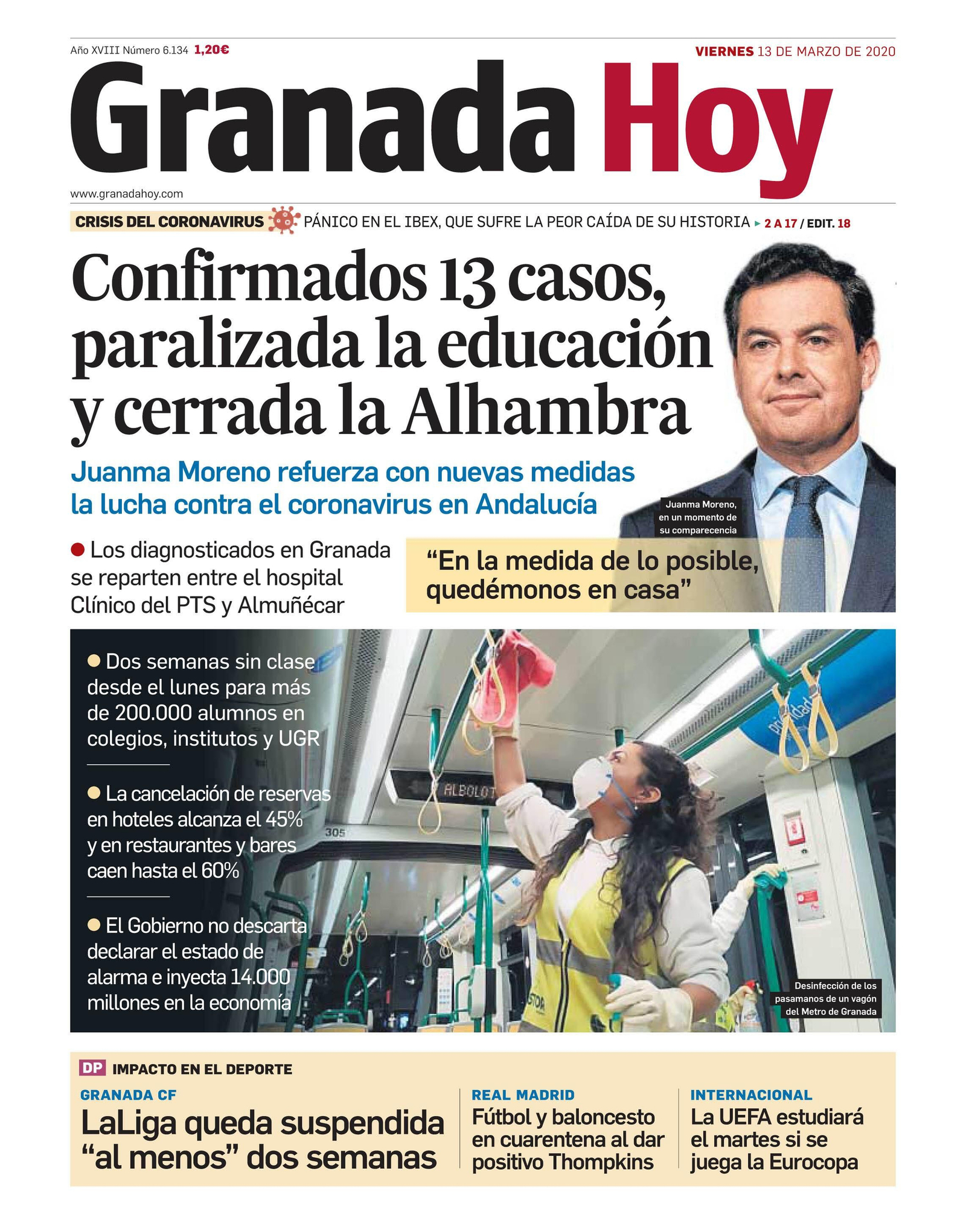 Portada del diario Granada Hoy del viernes 13 de marzo de 2020