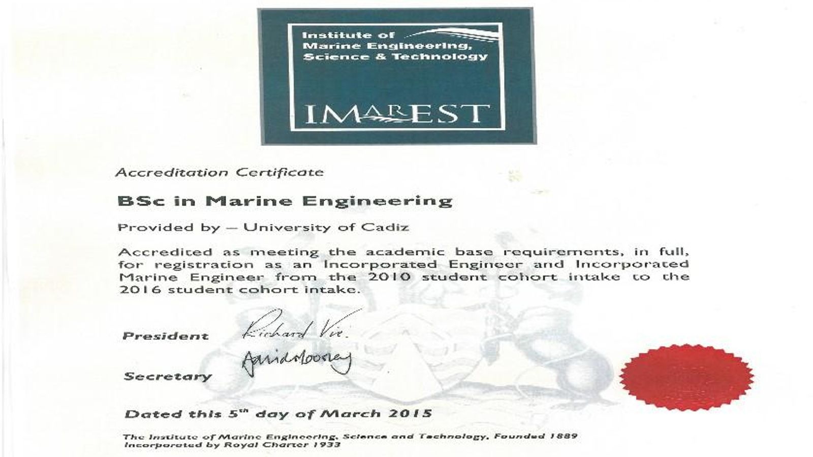 Certificación IMareST de Ingeniería Marina Certificación IMareST de Ingeniería Marina