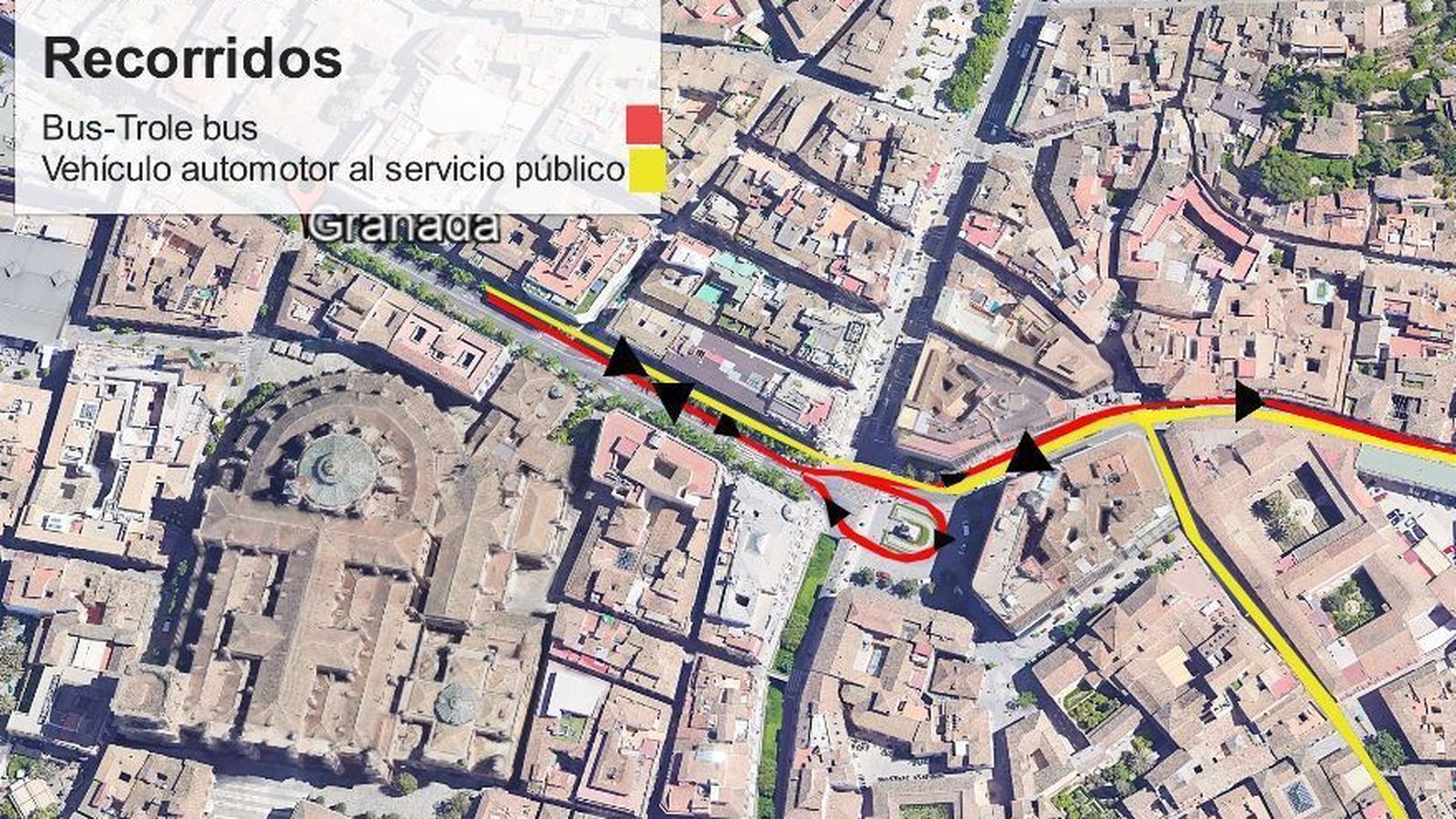 Ejemplo de giro de autobuses al final de Gran Vía