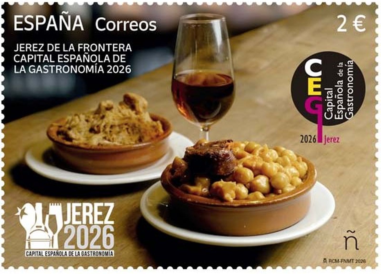 Sello dedicado a Jerez como capital española de la gastronomía 2026.