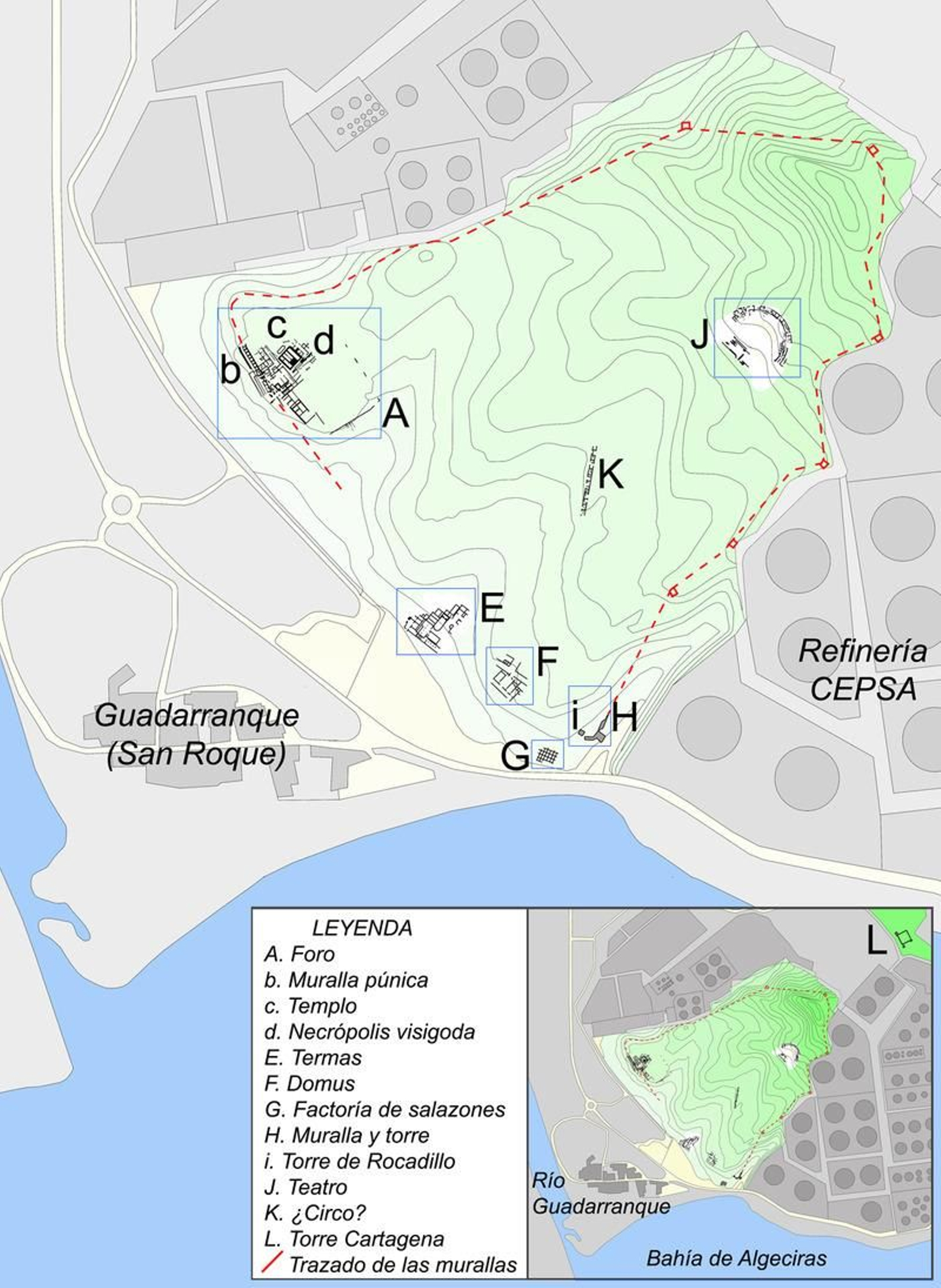 Mapa del emplazamiento de Carteia, San Roque.