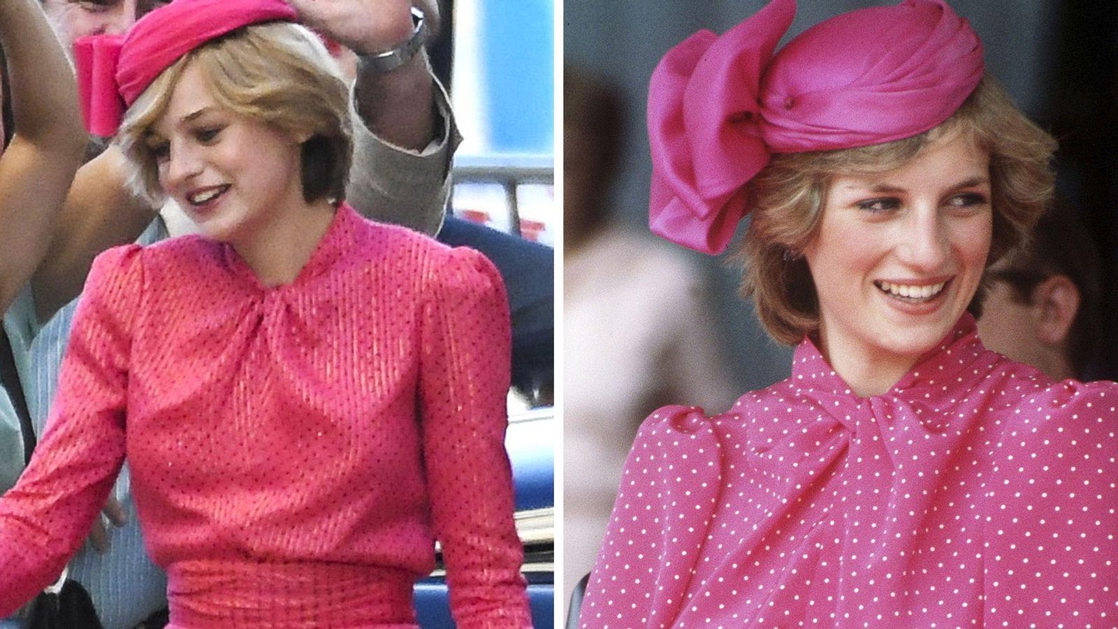 Emma Corrin, caracterizada como la princesa Diana en una escena de 'The Crown'. Al lado, la auténtica Diana de Gales.