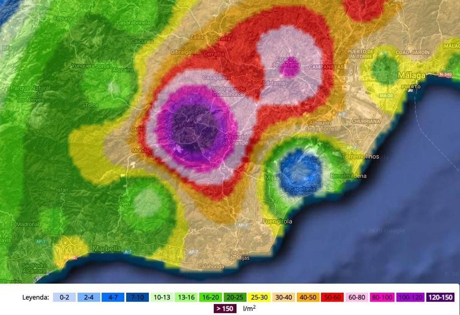 Mapa de la pluviometría en Coín.