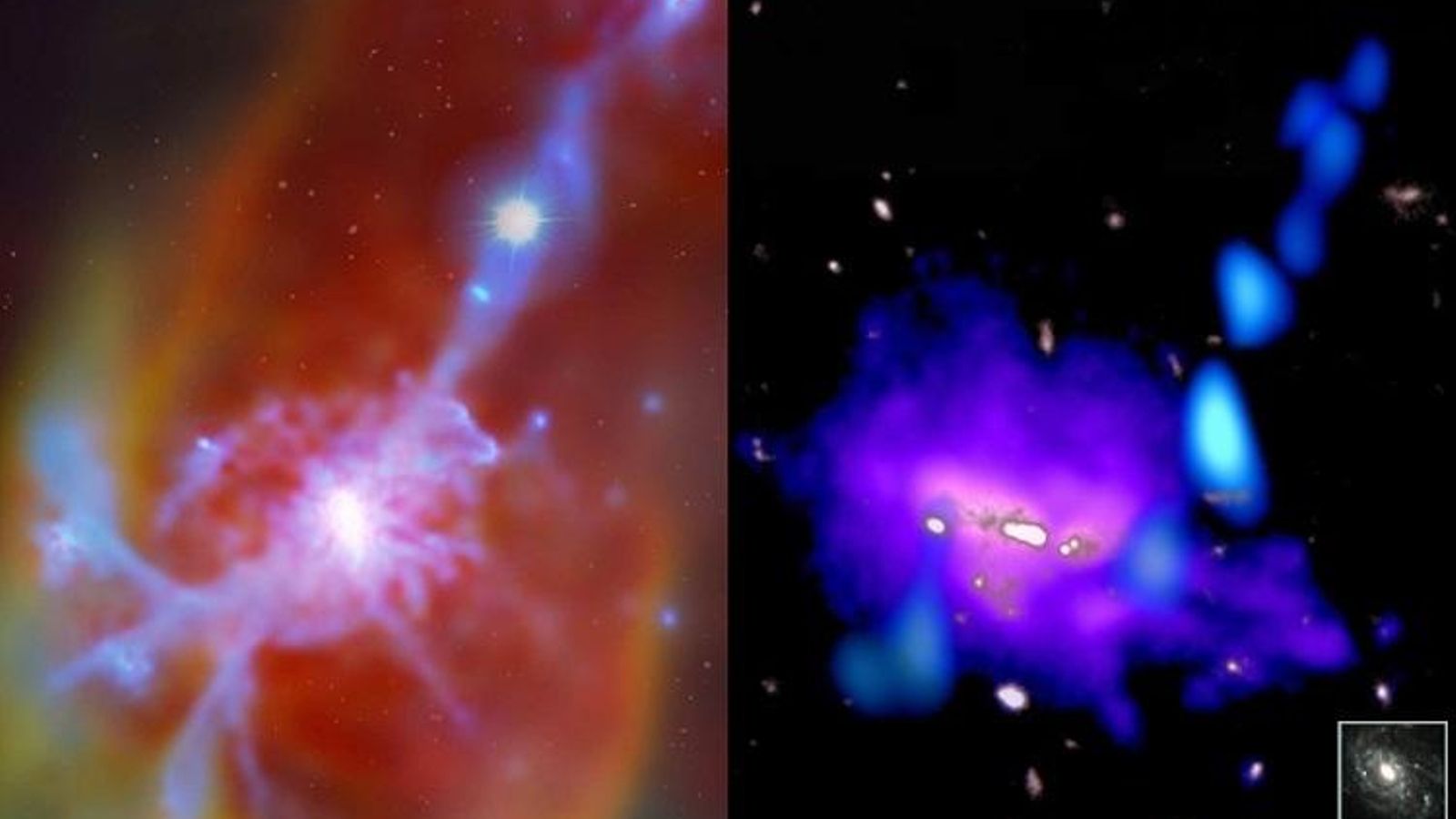 Simulación por ordenador de una corriente cósmica (Izqda), una corriente cósmica que fluye hacia la Galaxia del Hormiguero (dcha)