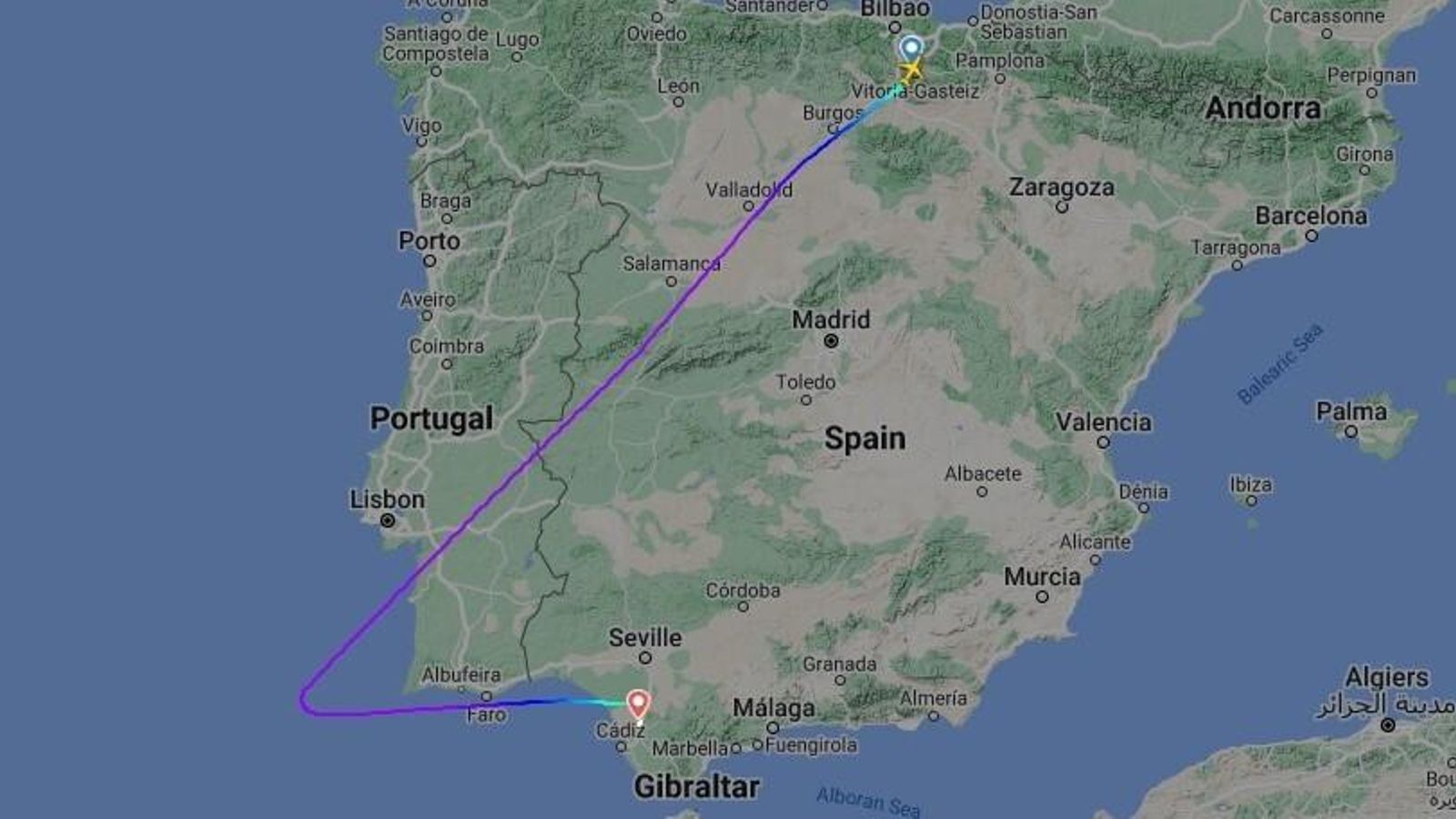 La ruta realizado por el avión de Binter que ha sido desviado a Jerez.