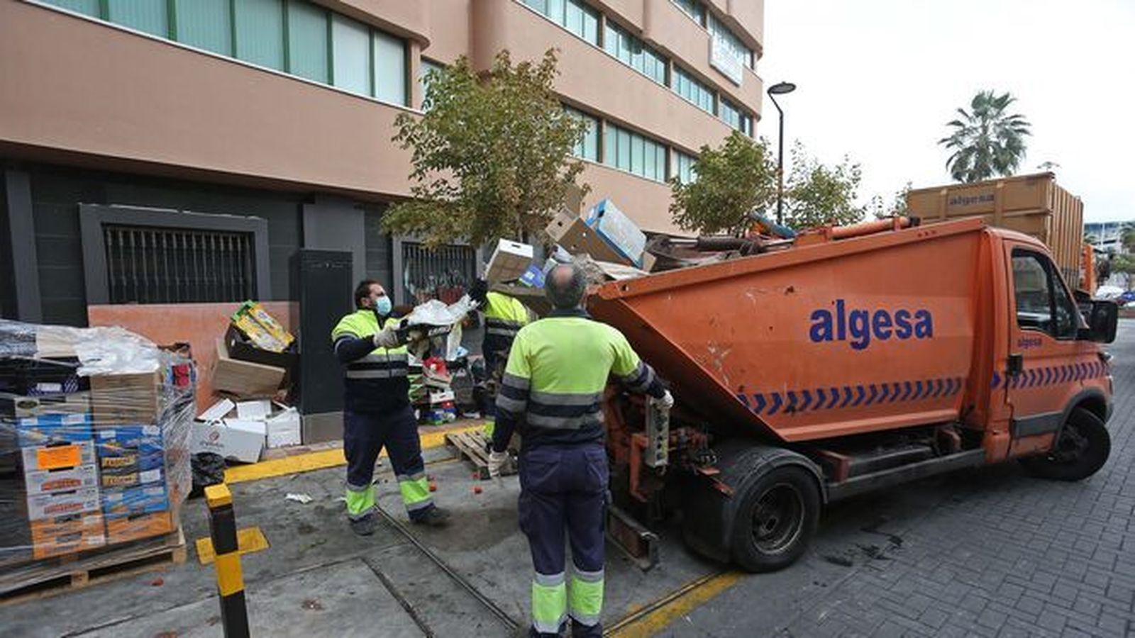 Varios trabajadores de Algesa  durante tareas de limpieza