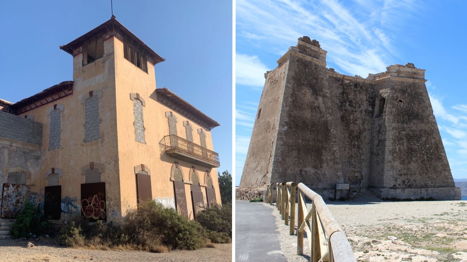 El cortijo de los Góngora, a la izquierda, y la torre de Mesa Roldán, a la derecha.