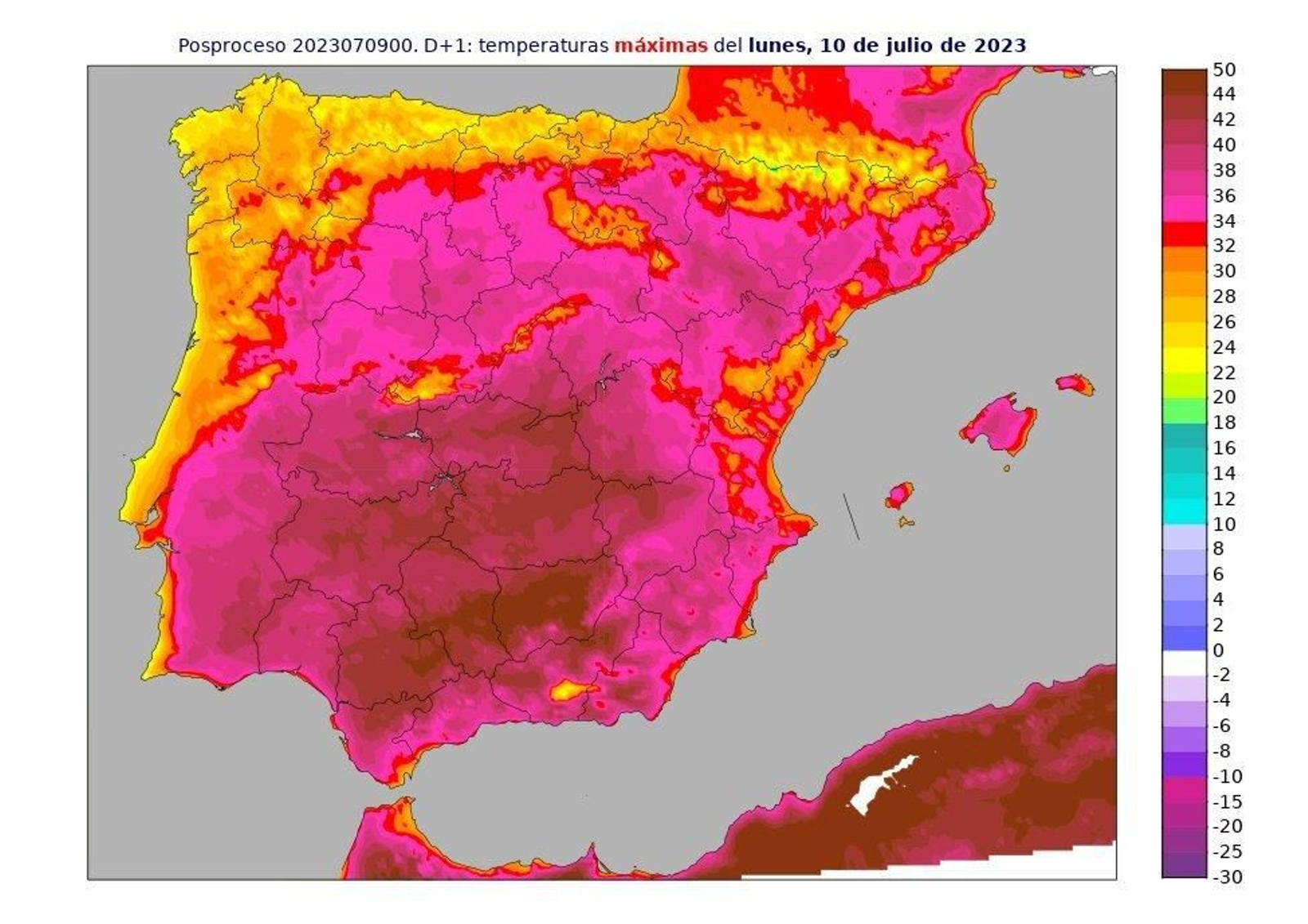 Mapa de temperaturas para el lunes 10 de julio.