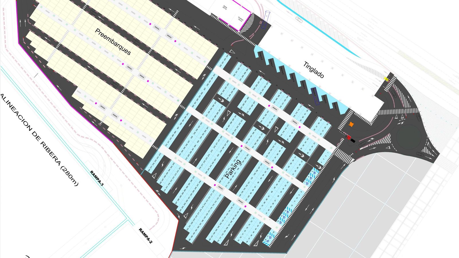 La zona sombreada en azul es la que ganará Almería para su uso ciudadano sobre los muelles de Levante y Ribera 1