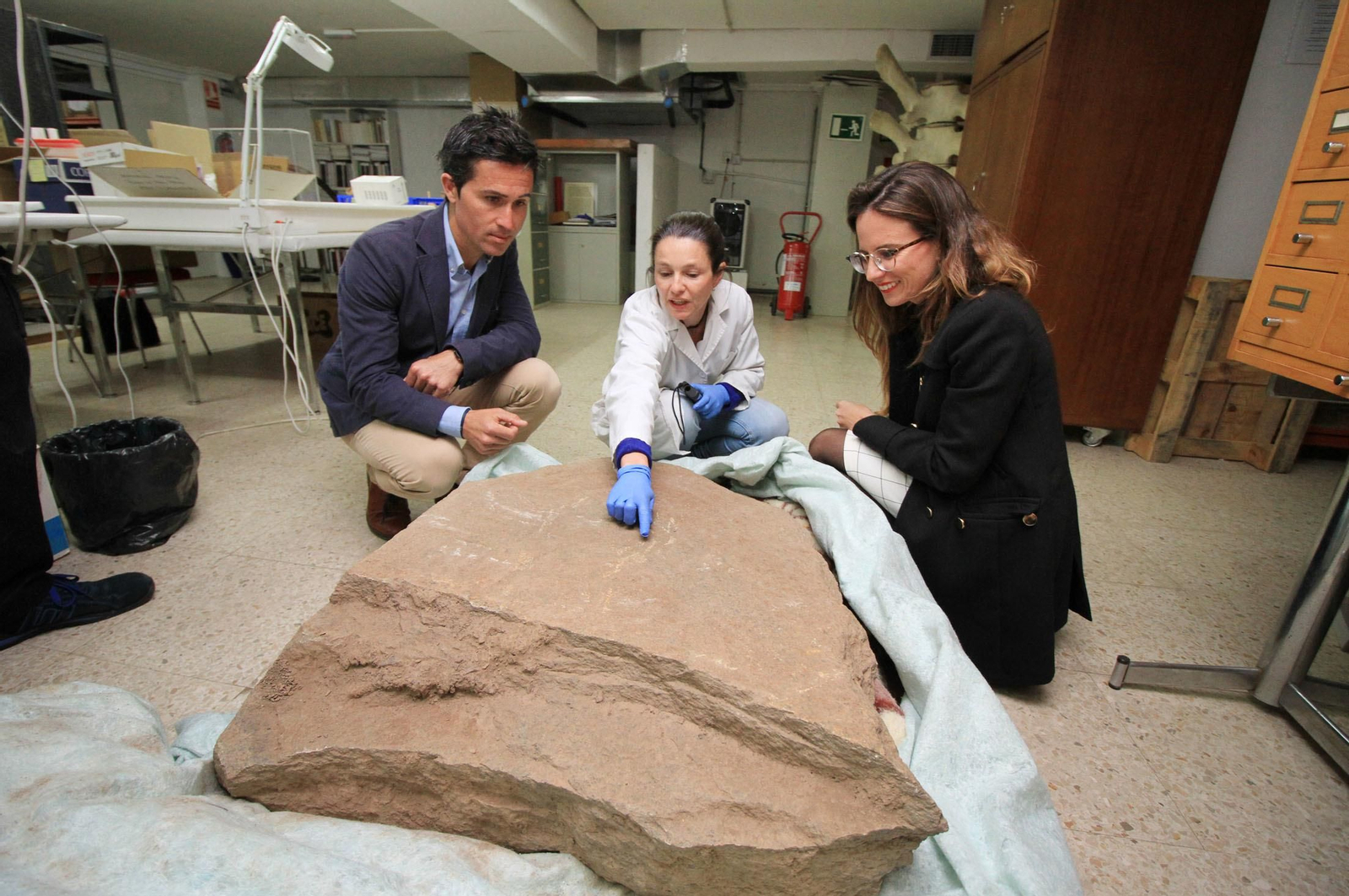 Imágenes de la llegada al museo de Huelva de la estela de cerca de 5.000 años de antigüedad hallada en Cañaveral de León