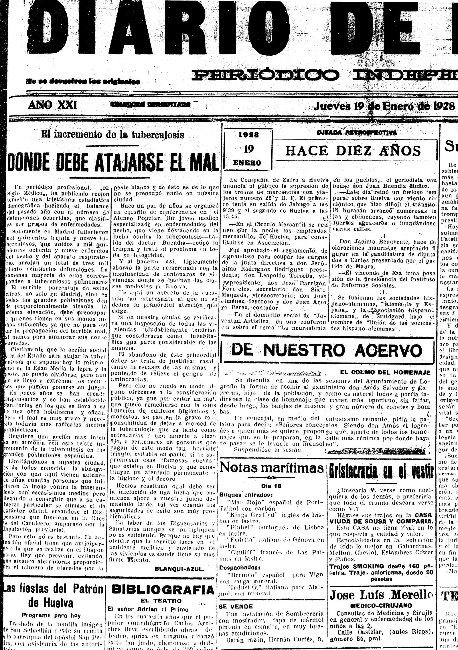 Diario de Huelva. 19 de enero de 1928.