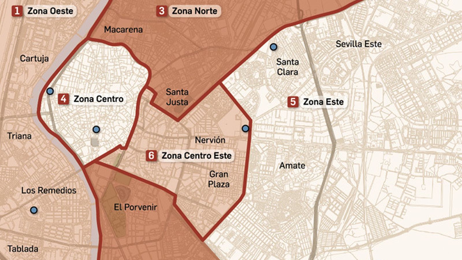 Mapa con las seis zonas. Fuente: Ayuntamiento de Sevilla