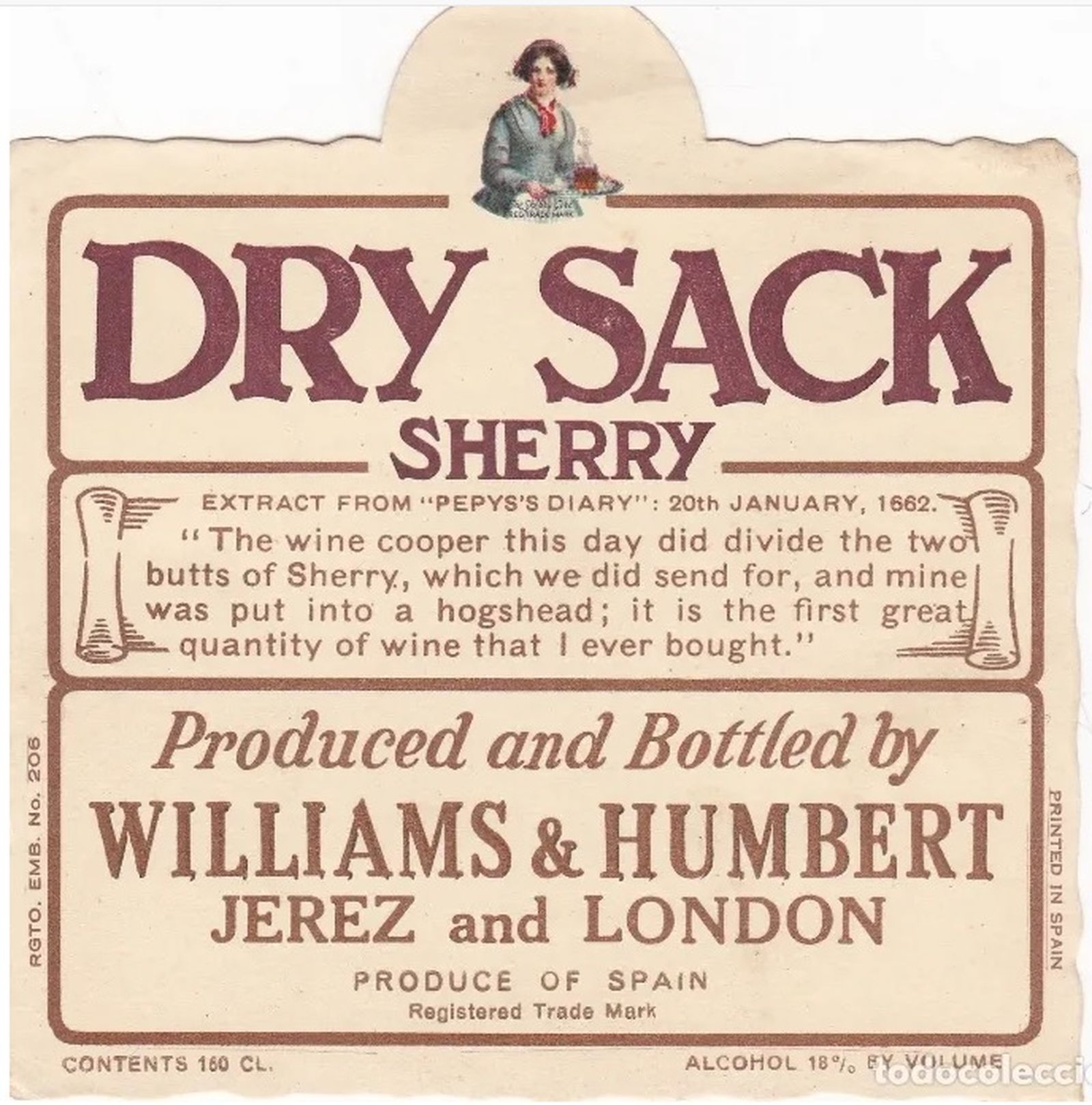 El Dry Sack de Williams & Humbert reproduce un extracto del Diario de Samuel Pepys fechado el 20 de enero de 1662.