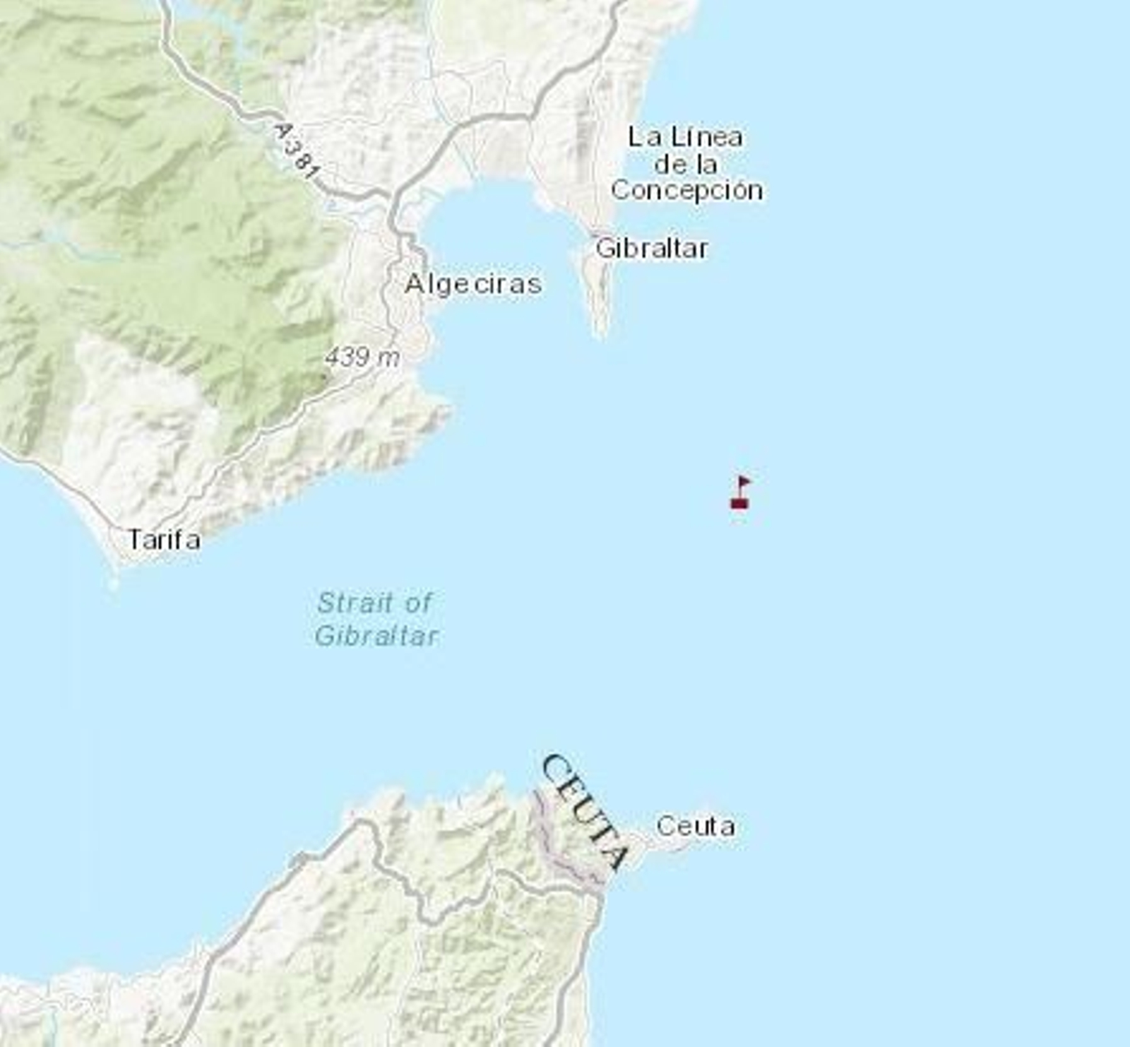 Zona del choque de dos buques en el Estrecho de Gibraltar,  a 8,9 millas sureste de Algeciras.