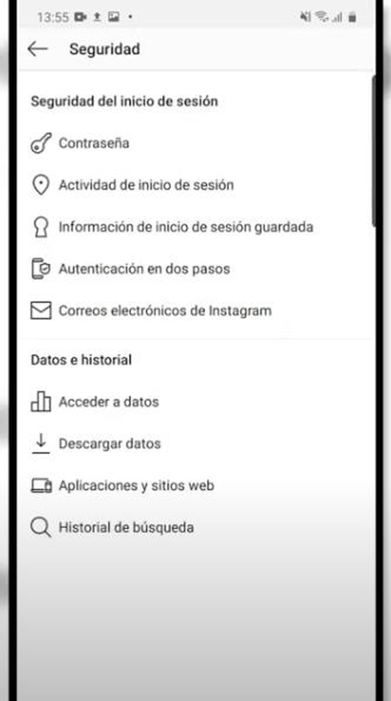 Apartado de seguridad dentro de la configuración de Instagram