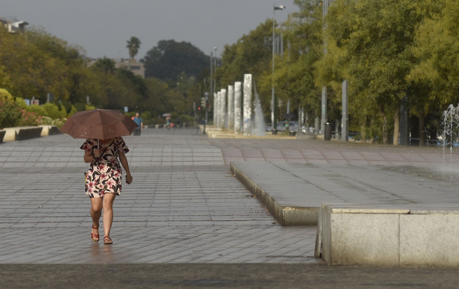 Una mujer pasea por el Vial Norte bajo un paraguas.