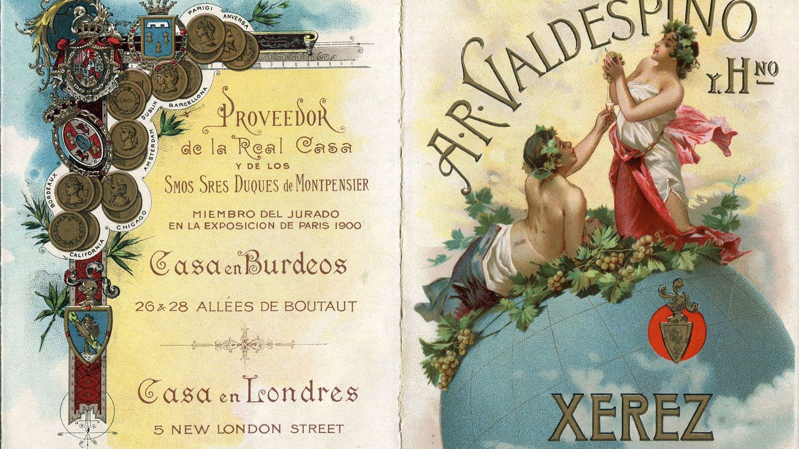 Artístico díptico de Valdespino impreso en Milán por Bertarelli.