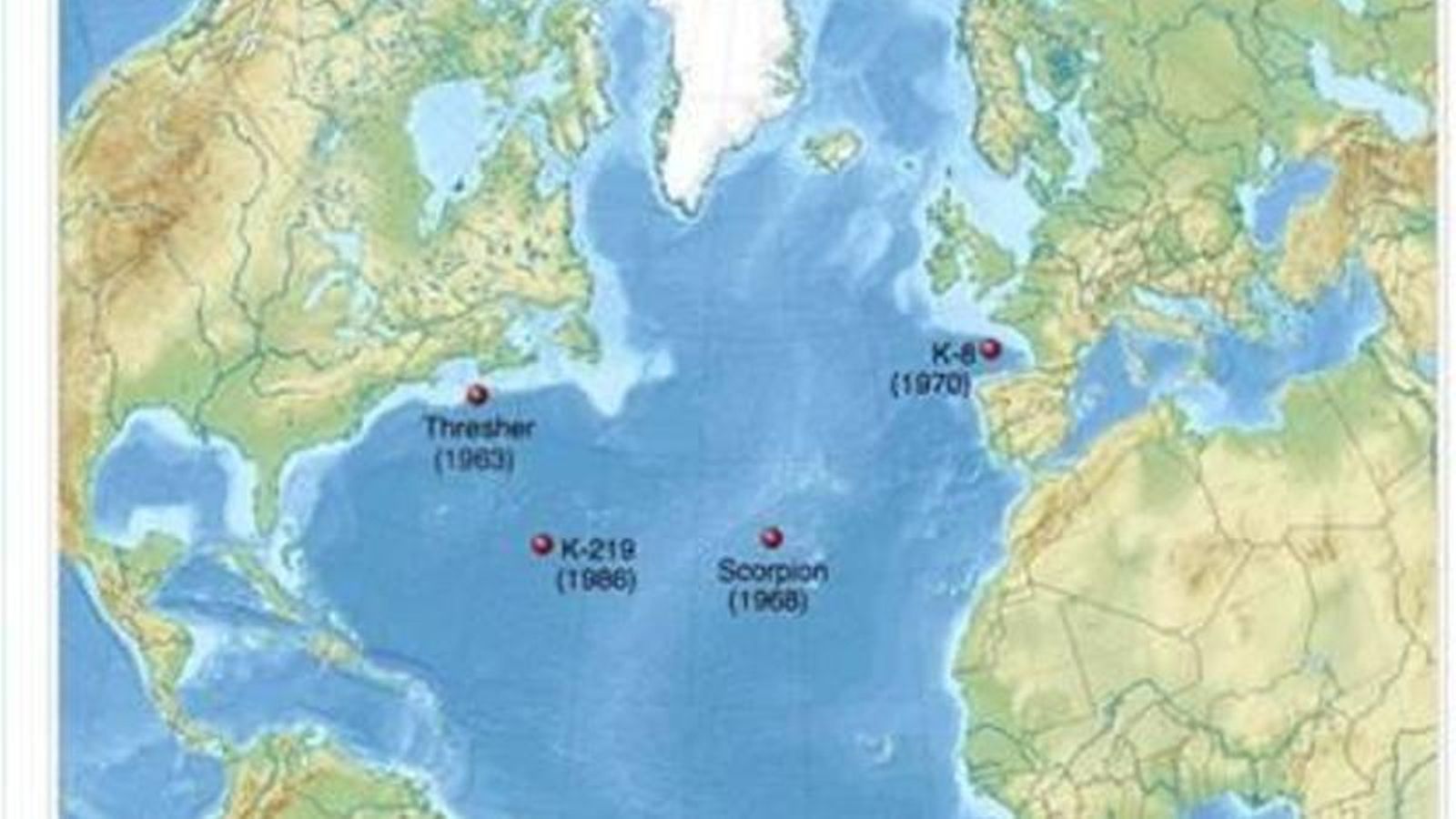 Ubicación de los submarinos nucleares estadounidenses hundidos en el Atlántico.