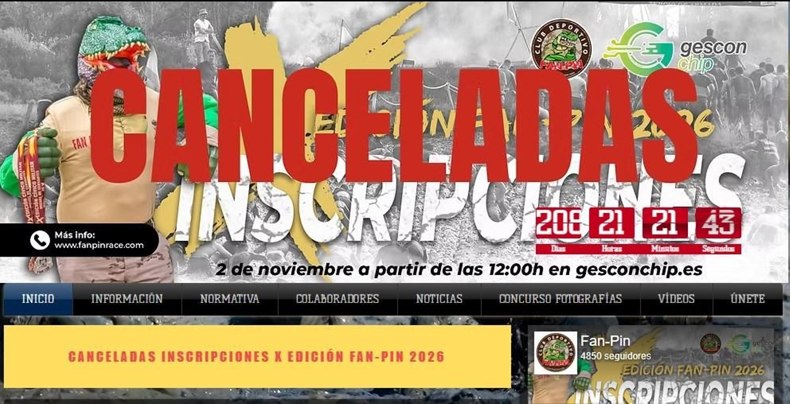 Detalle del anuncio de la cancelación y aplazamiento del proceso en la web de la Fan Pin.