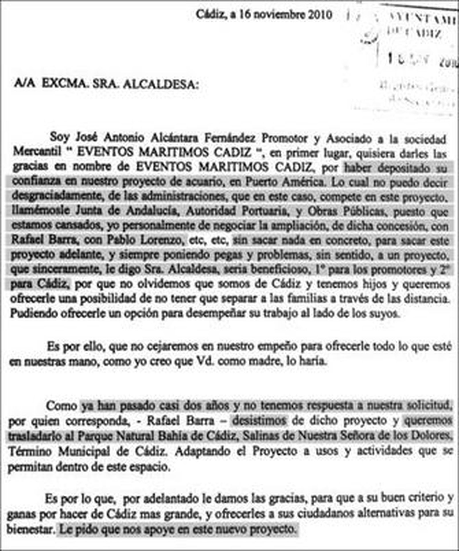 Reproducción del escrito enviado por Eventos Marítimos al Ayuntamiento.